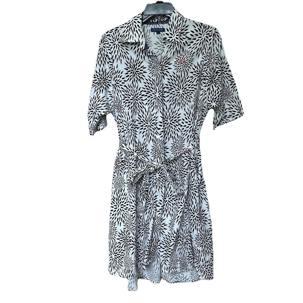 Katie Kimes Shirt Dress Med Belted Button Up Blk White Mums Floral Burst Art